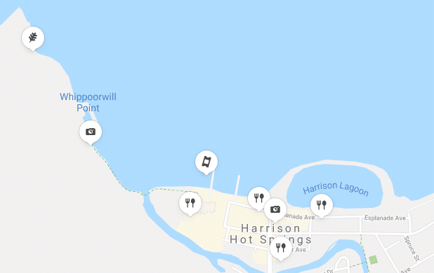 Map highlights Whippoorwill Point to the northwest, Harrison Hot Springs town center, Harrison Lagoon, and features icons for restaurants, photos, and points of interest—perfect for airbnb SEO optimization.