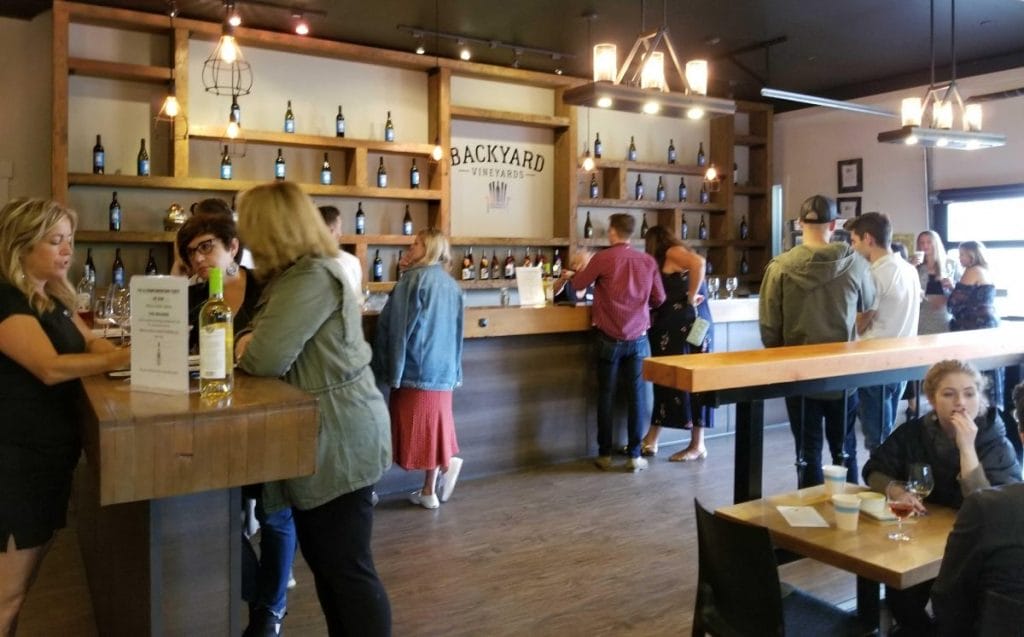 People stand and sit in a lively tasting room at Backyard Vineyards, sampling wine and conversing near a wooden bar lined with bottles—a true highlight among Fraser Valley Wineries.