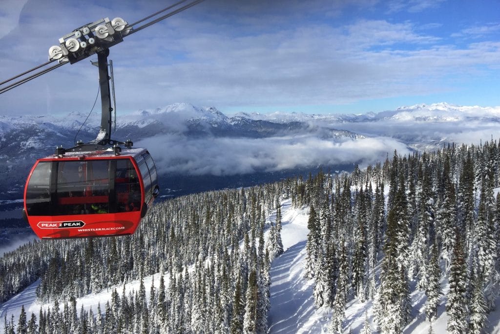 A red cable car travels above a snowy forest and mountainous landscape under a partly cloudy sky, offering one of the unforgettable activities Whistler is known for.