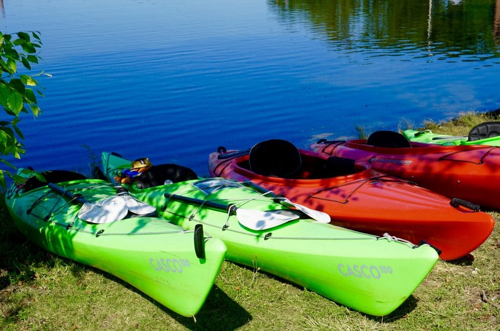 Three kayaks, two green and one red, are resting on the grassy shore next to a calm blue body of water—perfect for anyone seeking exciting things to do in Cultus Lake.