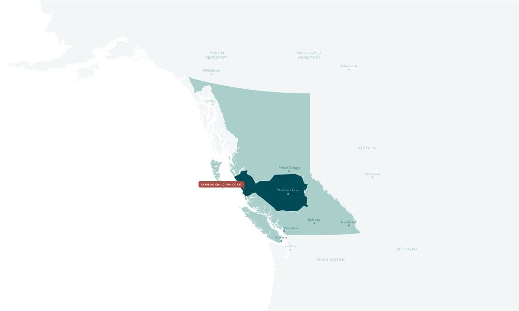 Map highlighting the Carrier Chilcotin Tribal Council area in central British Columbia, Canada, with surrounding regions, major cities, and nearby BC Mountain Resorts labeled.