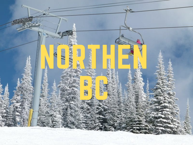Ski lift with empty chair glides above snowy trees under a blue sky at one of the top BC Mountain Resorts; bold yellow text reads "NORTHERN BC.