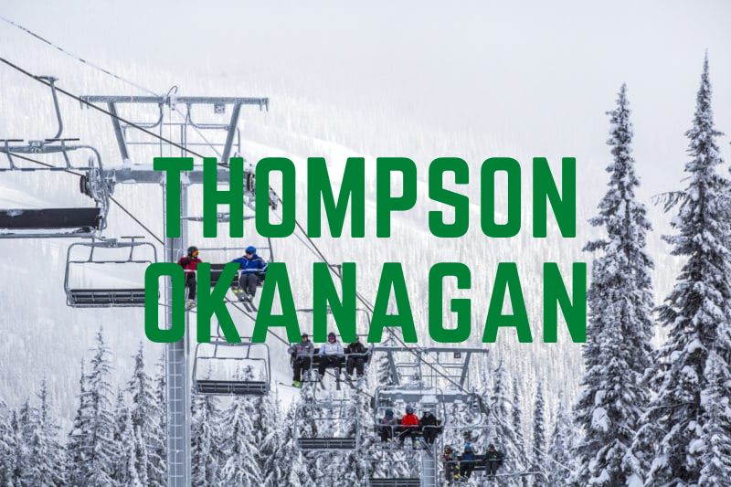 Skiers ride a chairlift above snow-covered trees in a BC Mountain Resorts winter landscape, with the words "Thompson Okanagan" in large green text.