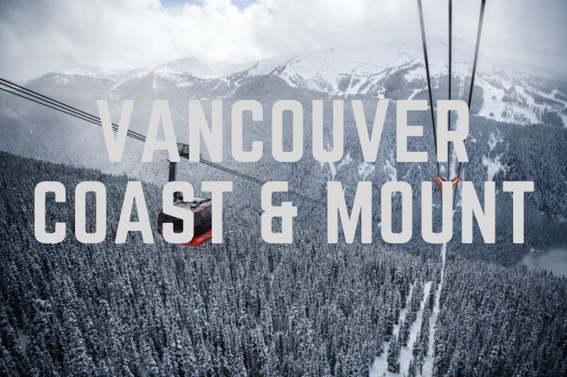 Red cable cars travel above a snow-covered forest with mountains in the background, showcasing the stunning beauty of BC Mountain Resorts; large text reads "Vancouver Coast & Mount.