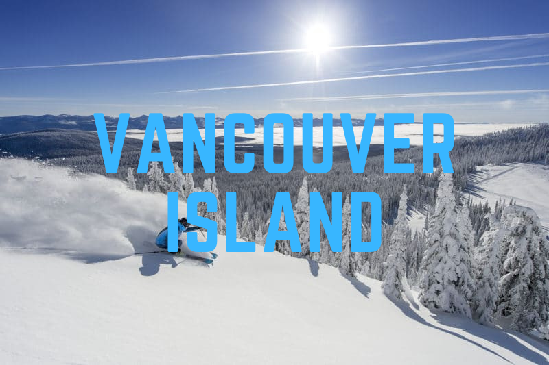 A person skis down a snowy mountain slope with evergreen trees, under a bright sun and clear sky at one of the BC Mountain Resorts. Blue text reading "Vancouver Island" overlays the image.
