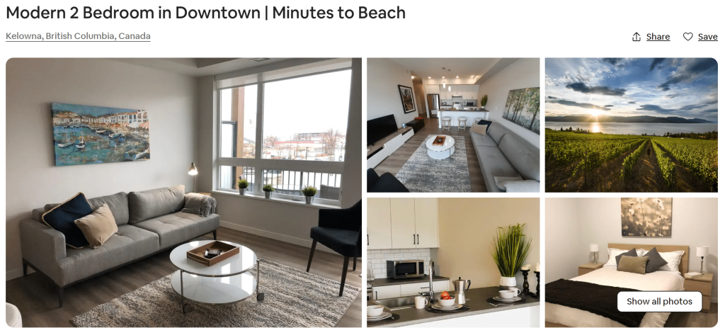 Collage showing a modern 2-bedroom apartment with living area, kitchen, and bedroom, plus an outdoor vineyard and a sunset view. Perfect for Airbnb photography. Located in downtown Kelowna, minutes from the beach.