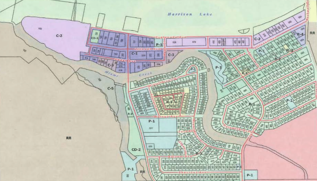 Color-coded zoning map of a residential and commercial area near Harrison Lake, highlighting lot divisions and road layouts—ideal for those considering Vacation Rental Management in Harrison Hot Springs.