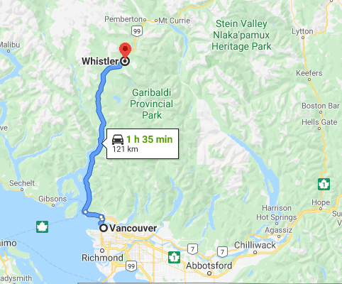 Map showing a driving route from Vancouver to Whistler, covering 121 km in about 1 hour and 35 minutes, passing through Garibaldi Provincial Park—ideal for those considering buying property in Whistler.