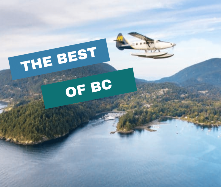 A seaplane flies over a coastal landscape with forested islands and mountains under a partly cloudy sky. Text reads: "THE BEST OF BC – Discover the best places to visit in BC.