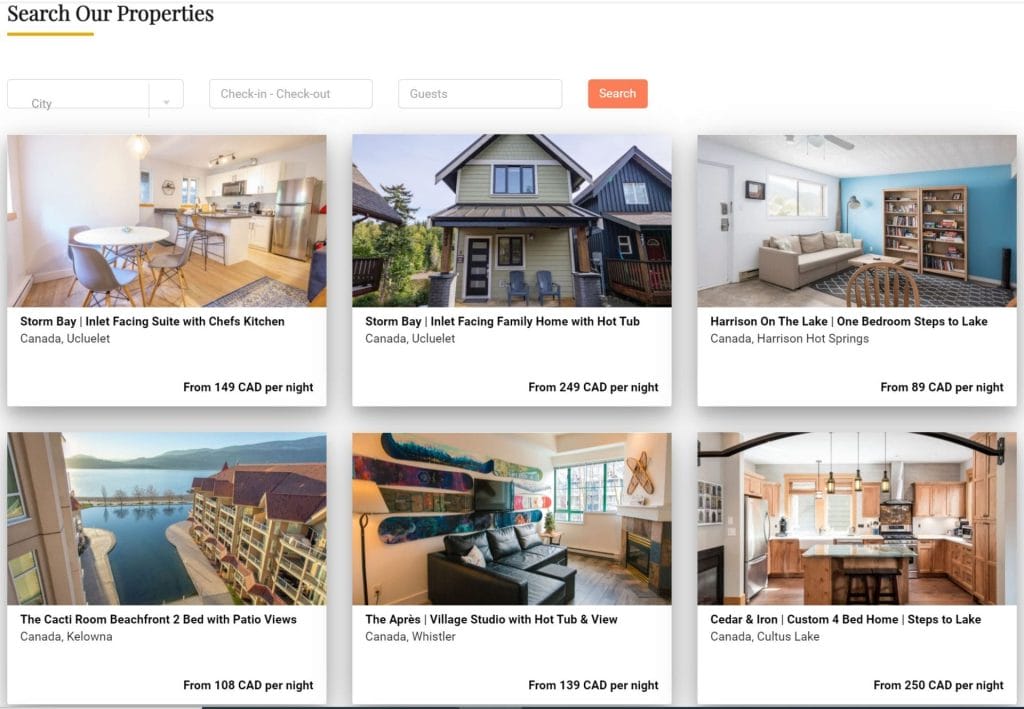 A website page displays a search tool and six property listings, each with a photo, location, price per night, description of amenities, and insights inspired by a vacation rental software review.
