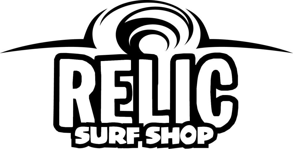 Logo for Relic Surf Shop featuring bold text and a stylized wave graphic above the shop name, inspired by Ucluelet surfing culture.