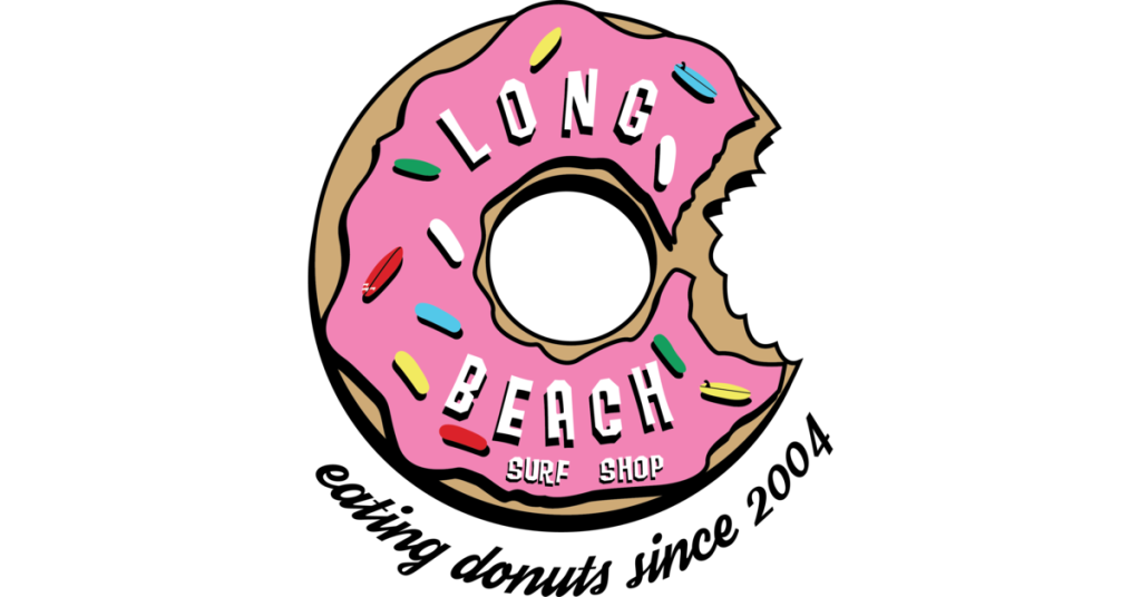 Logo of a bitten pink-frosted donut with sprinkles and the text "Long Beach Surf Shop" inside; below, the phrase "eating donuts since 2004"—perfect for fans of ucluelet surfing.