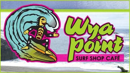 Logo for Wya Point Surf Shop Café featuring a stylized figure surfing on a wave, with the ocean and rocks in the background, capturing the spirit of Ucluelet surfing.