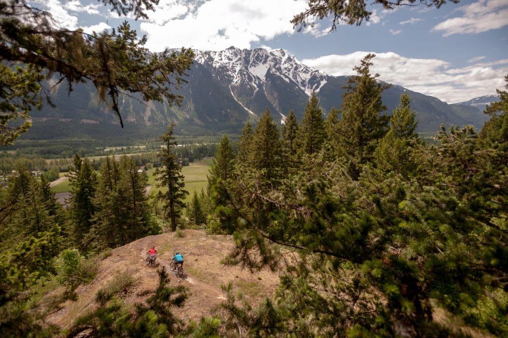 Two cyclists ride on a forested trail with tall evergreen trees and snow-capped mountains in the background, perfect for exploring after sampling local flavors from the Sea to Sky Brewery Guide under a partly cloudy sky.
