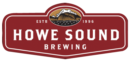 Logo for Howe Sound Brewing, established in 1996, featuring a mountain and water graphic above the brewery name on a red background. A proud feature in the Sea to Sky Brewery Guide.