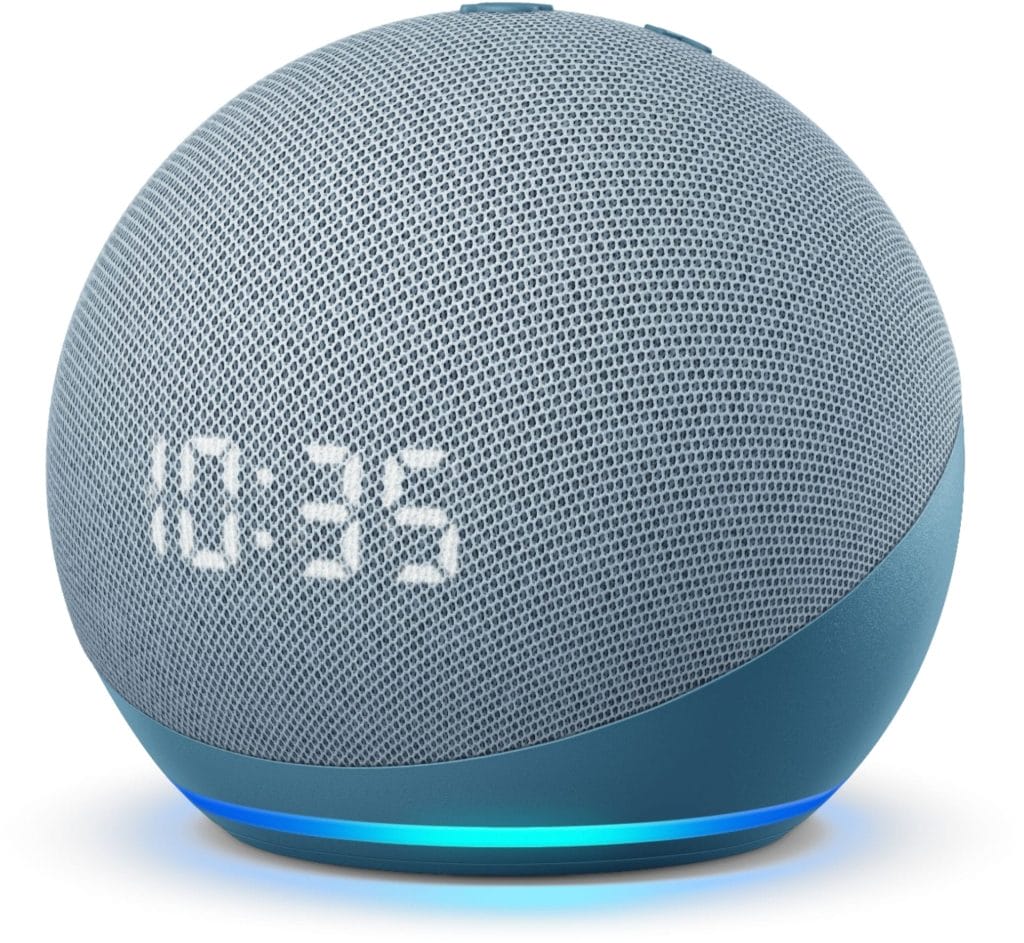 A round, blue smart speaker with a digital clock display showing 10:35 and a glowing blue ring at the base—perfect for creating an Airbnb smart home experience.