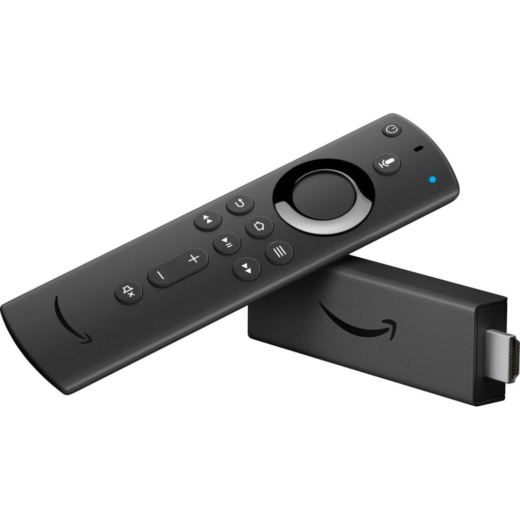 A black Amazon Fire TV Stick and its matching remote control, both featuring the Amazon logo, are displayed against a plain white background—an ideal addition to any Airbnb smart home setup.