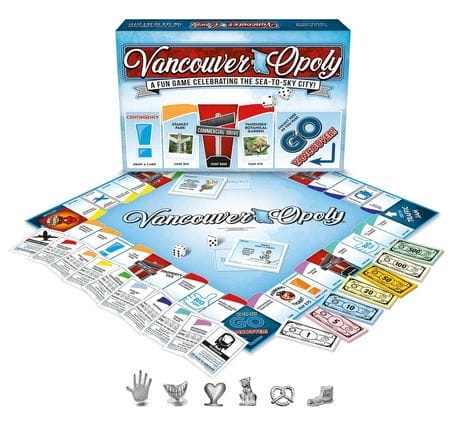 Vancouver-Opoly board game set with game board, box, cards, money, dice, and playing tokens displayed on a white background—perfect for vacation rental board games collections.