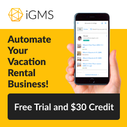 Hand holding a smartphone with a property management app displayed, alongside text promoting iGMS vacation rental software automation, a free trial, and $30 credit on a yellow background.