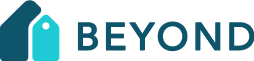 The image shows a logo with a dark teal house silhouette, a light teal price tag, and the word "BEYOND" in uppercase dark teal letters, reflecting its focus on Vacation Rental Software.