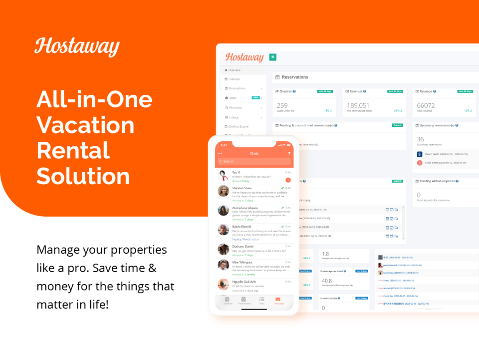 Screenshot of Hostaway’s Vacation Rental Software interface on desktop and mobile, showing reservations and chat features, with text highlighting its time- and money-saving benefits.
