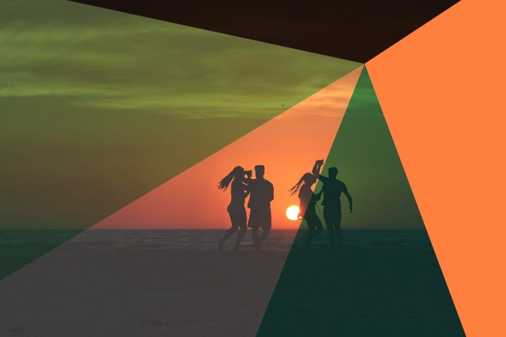 Silhouettes of four people on a beach at sunset with geometric shapes in orange, green, and black superimposed over the scene, evoking the seamless connectivity and organization offered by Vacation Rental Software.