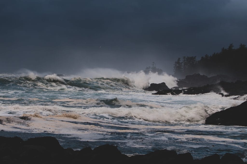Waves crash against the rocky shoreline under a dark, cloudy sky, with mist rising and trees in the background—a dramatic scene among the many things to do in Tofino.