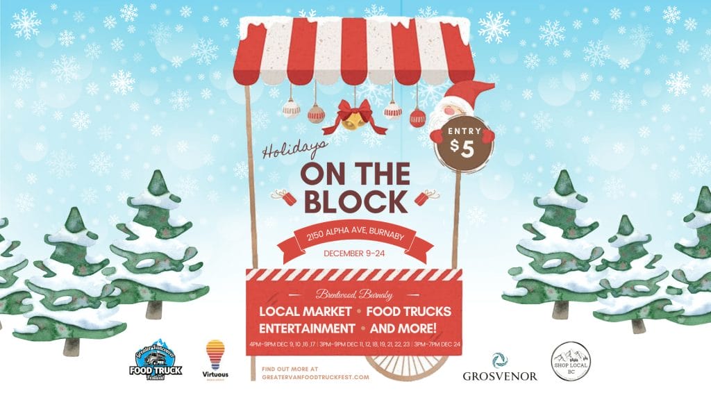 Illustrated poster for "Holidays on the Block" event, featuring a festive market scene inspired by christmas markets in Vancouver with trees, snowflakes, event details, and a $5 entry fee.