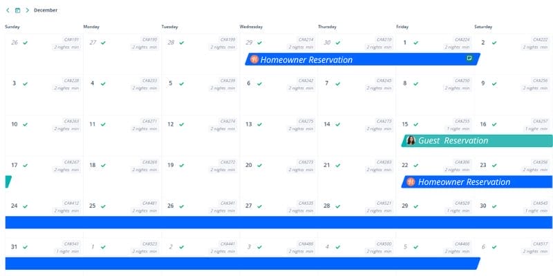 Calendar view for December highlights multiple reservations, including two marked as "Homeowner Reservation" and one as "Guest Reservation," providing a clear overview for property management in Whistler.