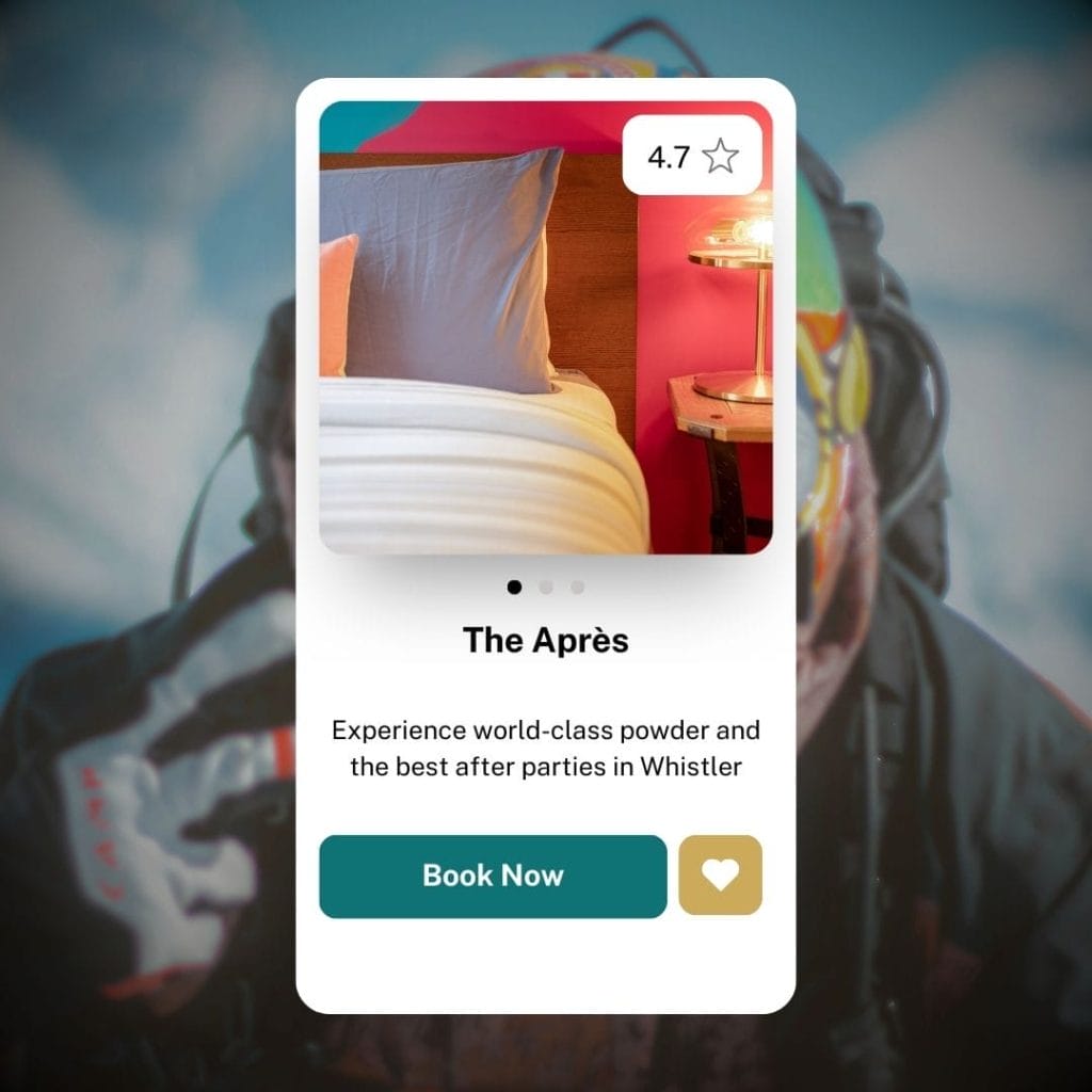 A booking app screen shows a hotel room with bed and lamp, 4.7-star rating, and a "Book Now" button for "The Après"—a top choice for property management in Whistler.