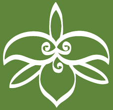 A white, symmetrical floral line design with curved petals on a green background, perfect for a Harrison Hot Springs wedding invitation.