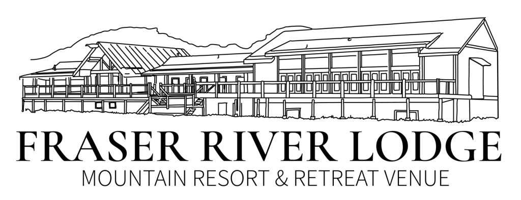 Black and white line drawing of Fraser River Lodge with text reading "Fraser River Lodge Mountain Resort & Retreat Venue" below the building illustration, perfect for a Harrison Hot Springs wedding or special celebration.