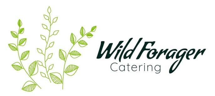 Logo for Wild Forager Catering, perfect for a Harrison Hot Springs wedding, featuring three green leafy branches on the left and the company name in elegant black script on the right.