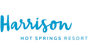 Logo for Harrison Hot Springs Resort with "Harrison" in large blue script font and "Hot Springs Resort" in smaller blue capital letters beneath it on a white background—perfect for your Harrison Hot Springs wedding or special event.