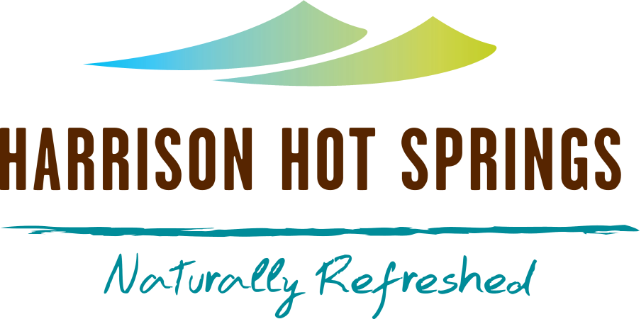 Logo for Harrison Hot Springs featuring stylized blue and green waves above the text "Harrison Hot Springs" and the tagline "Naturally Refreshed" below—perfect for adding a special touch to your Harrison Hot Springs wedding.