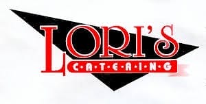 Logo for Lori's Catering featuring bold red and white text on a black geometric background—perfect for a Harrison Hot Springs wedding or any special event.