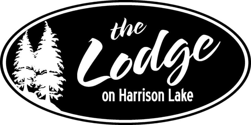 Black and white oval logo featuring two pine trees and the text "the Lodge on Harrison Lake," a perfect touch for your Harrison Hot Springs wedding.