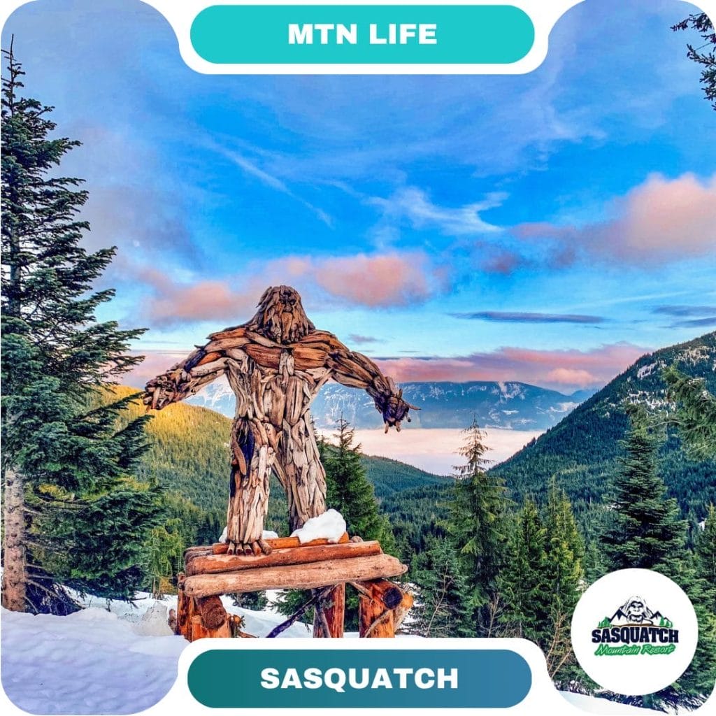 A wooden Sasquatch sculpture stands on a platform overlooking snow-covered mountains and pine trees, inviting homeowners and adventurers to explore scenic destinations under a blue sky with clouds.