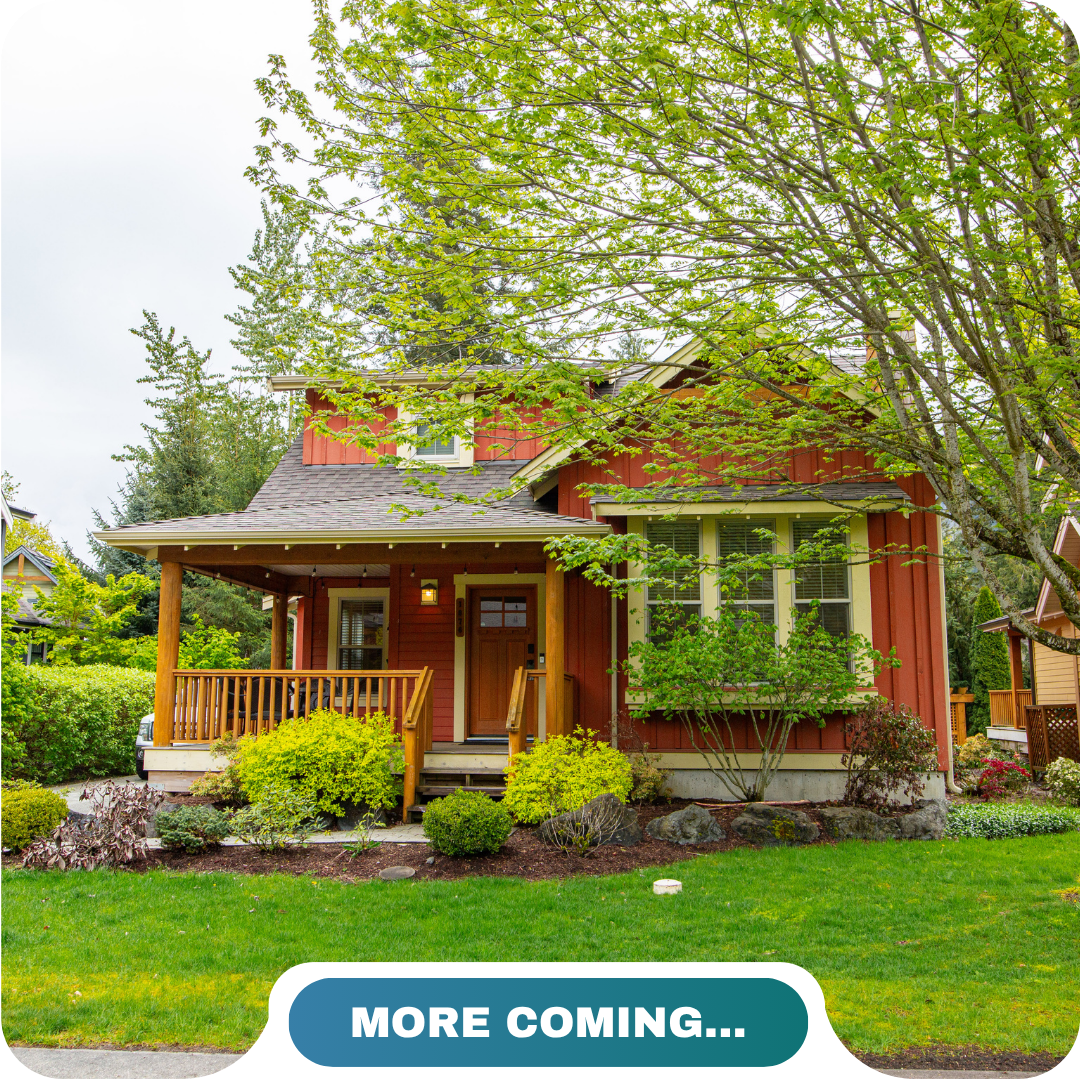 A red house with a covered front porch, surrounded by green trees and shrubs, is featured as one of the charming vacation rentals in Sunshine Valley, with a "MORE COMING..." banner at the bottom.