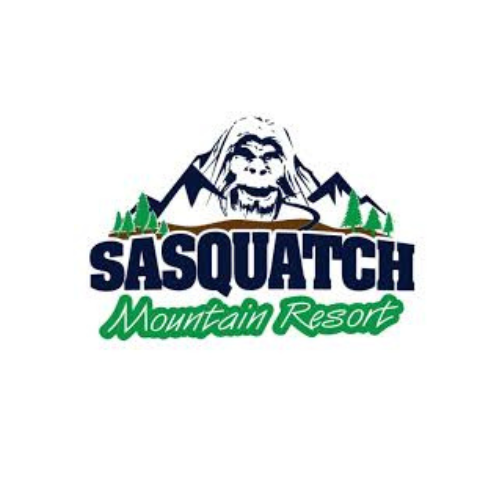Logo for Sasquatch Mountain Resort featuring a stylized Sasquatch behind mountains and trees, with bold lettering below—perfect for businesses offering vacation rental management in Harrison Hot Springs.