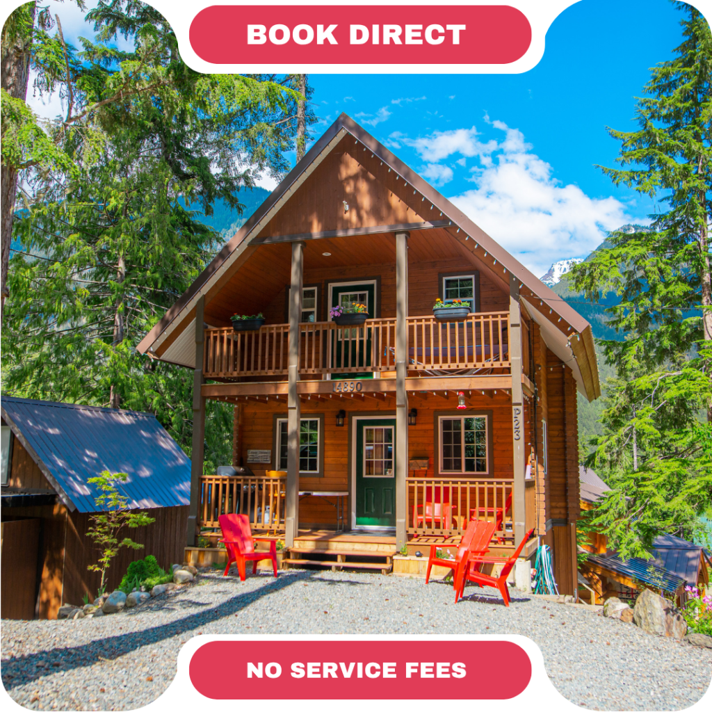 A two-story wooden cabin surrounded by trees with red chairs on the porch—ideal for vacation rentals in Whistler. Text reads “BOOK DIRECT” and “NO SERVICE FEES.”.