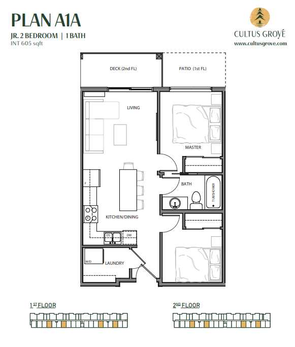 Floor plan labeled "Plan A1A" at Cultus Grove featuring a 605 sq ft unit with two bedrooms, one bath, kitchen/dining, living area, laundry, deck (2nd floor), and patio (1st floor).