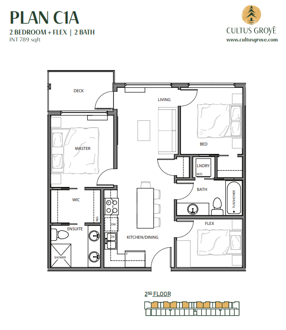 The Cultus Grove Plan C1A features a spacious 2-bedroom, 2-bath layout with flex space, kitchen/dining area, living room, laundry, deck, and walk-in closet—designed for modern comfort and versatility.