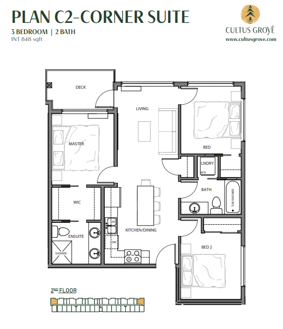 Spacious floor plan for a 3-bedroom, 2-bath Cultus Grove corner suite featuring bedrooms, bathrooms, kitchen/dining area, living room, laundry, deck, and suite entry.