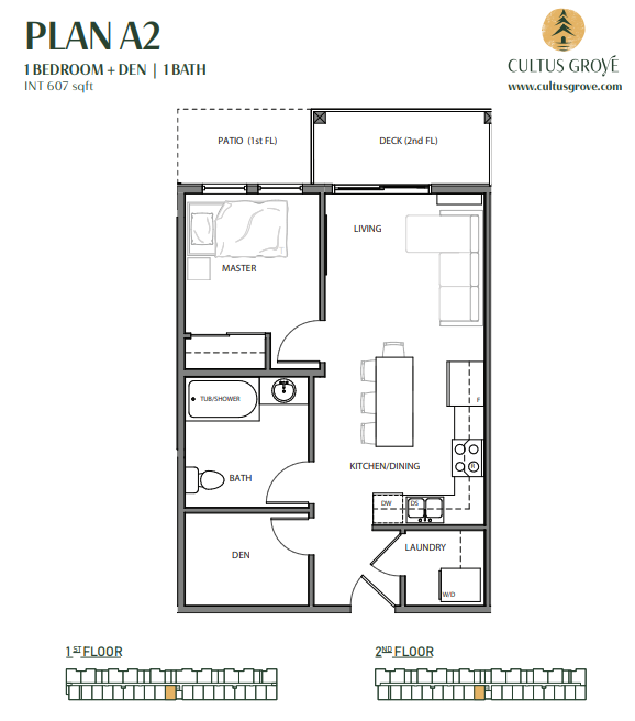 Floor plan labeled "Plan A2" at Cultus Grove features a 1-bedroom, 1-bath apartment with master bedroom, den, kitchen/dining, living area, bath, laundry, patio, and deck. 607 sq ft.