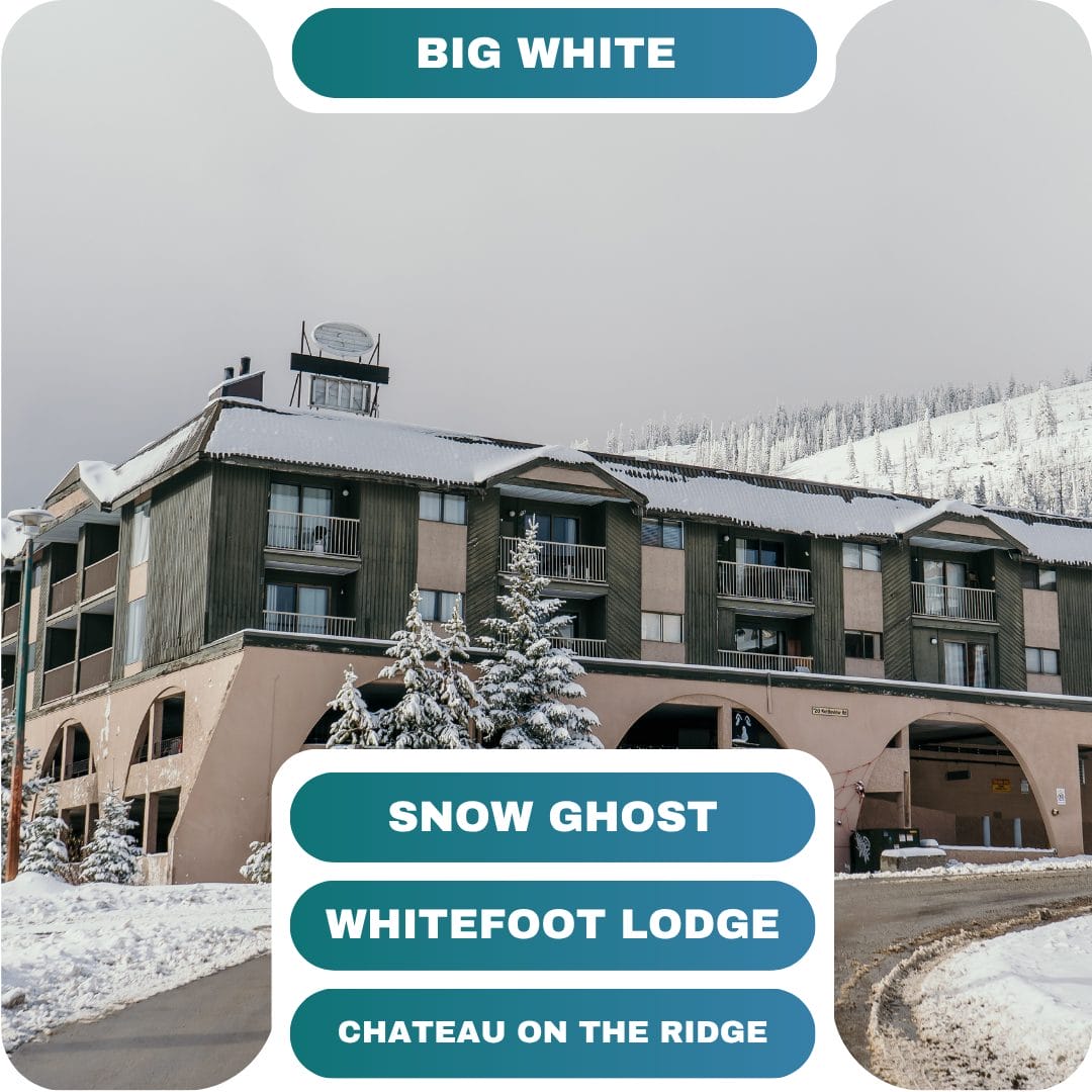A snow-covered lodge with arched entryways and balconies sits beneath a cloudy sky, perfect for group bookings. Surrounded by snowy trees and a mountain slope in the background, it offers a cozy retreat for gatherings.