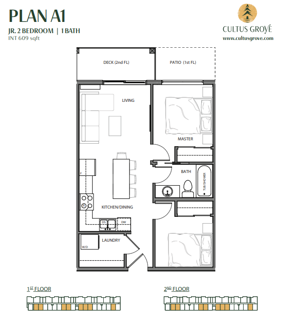 Floor plan of a 609 sq ft, two-bedroom, one-bath Cultus Grove apartment with living area, kitchen/dining, laundry, master bedroom, second bedroom, patio, and upper deck.
