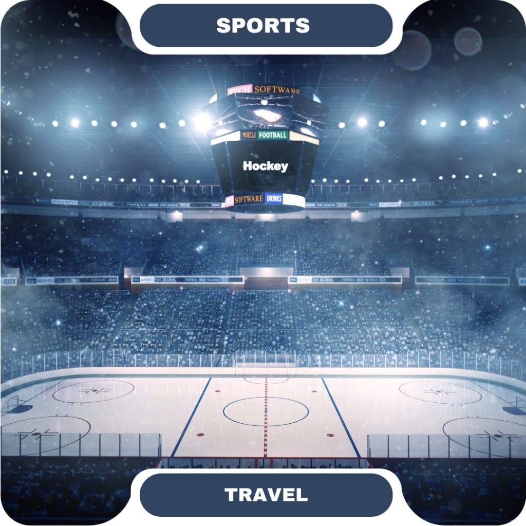 An empty indoor ice hockey arena with a scoreboard displaying "Hockey," surrounded by a large audience and bright stadium lights, offers a thrilling experience near top furnished rentals for visiting fans.