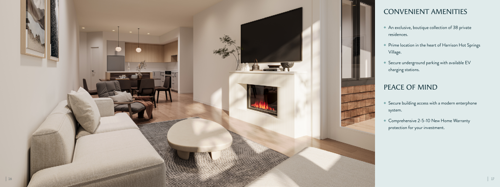 Modern living room with neutral furnishings, a wall-mounted TV above a fireplace, and an open view into the kitchen and dining area; Aquila amenities are listed on a convenient sidebar.