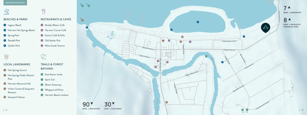 Map showing Aquila beaches, parks, local landmarks, restaurants, cafés, trails, and forest bathing spots in a coastal area with highlighted walking and biking paths.